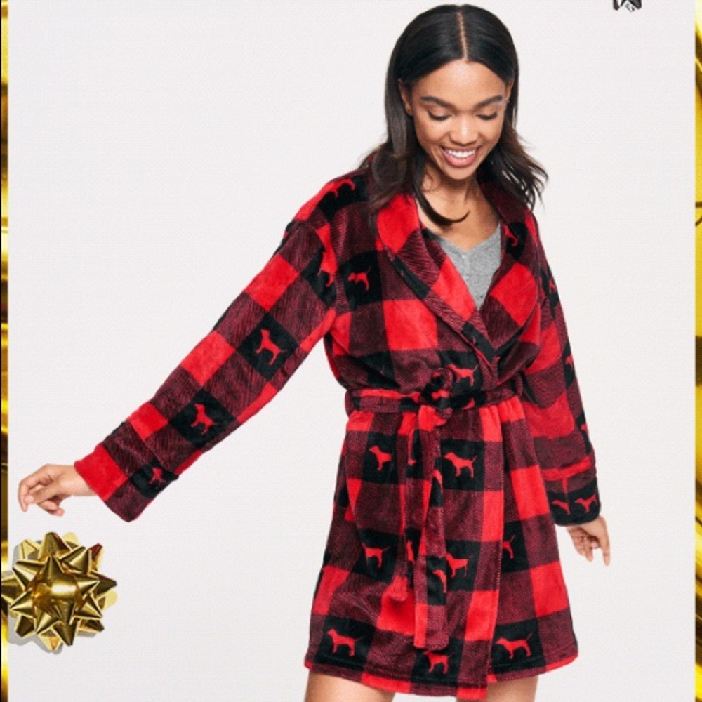 Vs pink dog red and black plaid robe